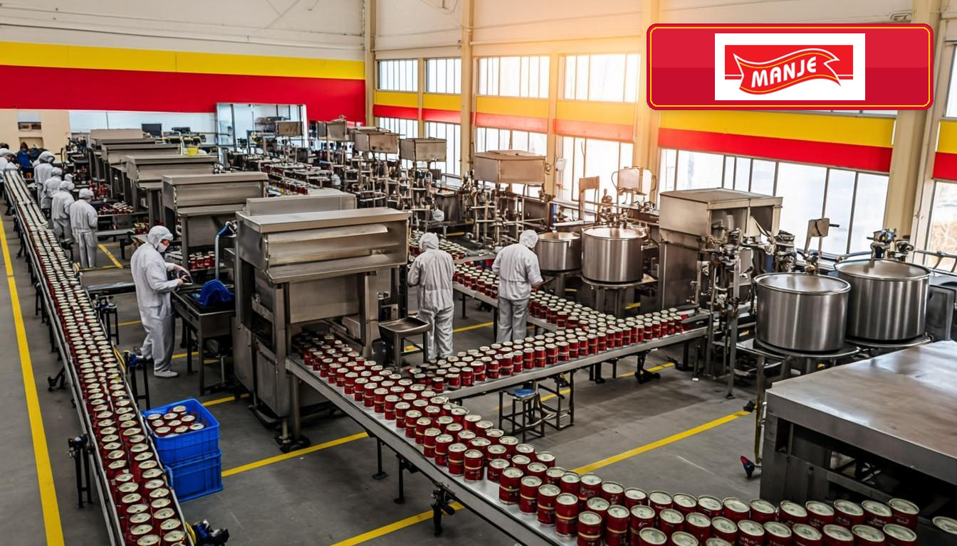 Inside the Savannah Foods Mogodu Manje canning factory in Lephalale, Limpopo — stainless steel retort sterilisation line and conveyor belts carrying red and gold cans, with the official Manje logo on a red sign plate